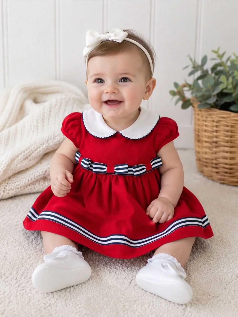 Bonnie Baby Red Sailor Dress 3/6M Peter Pan Collar Nautical Vintage